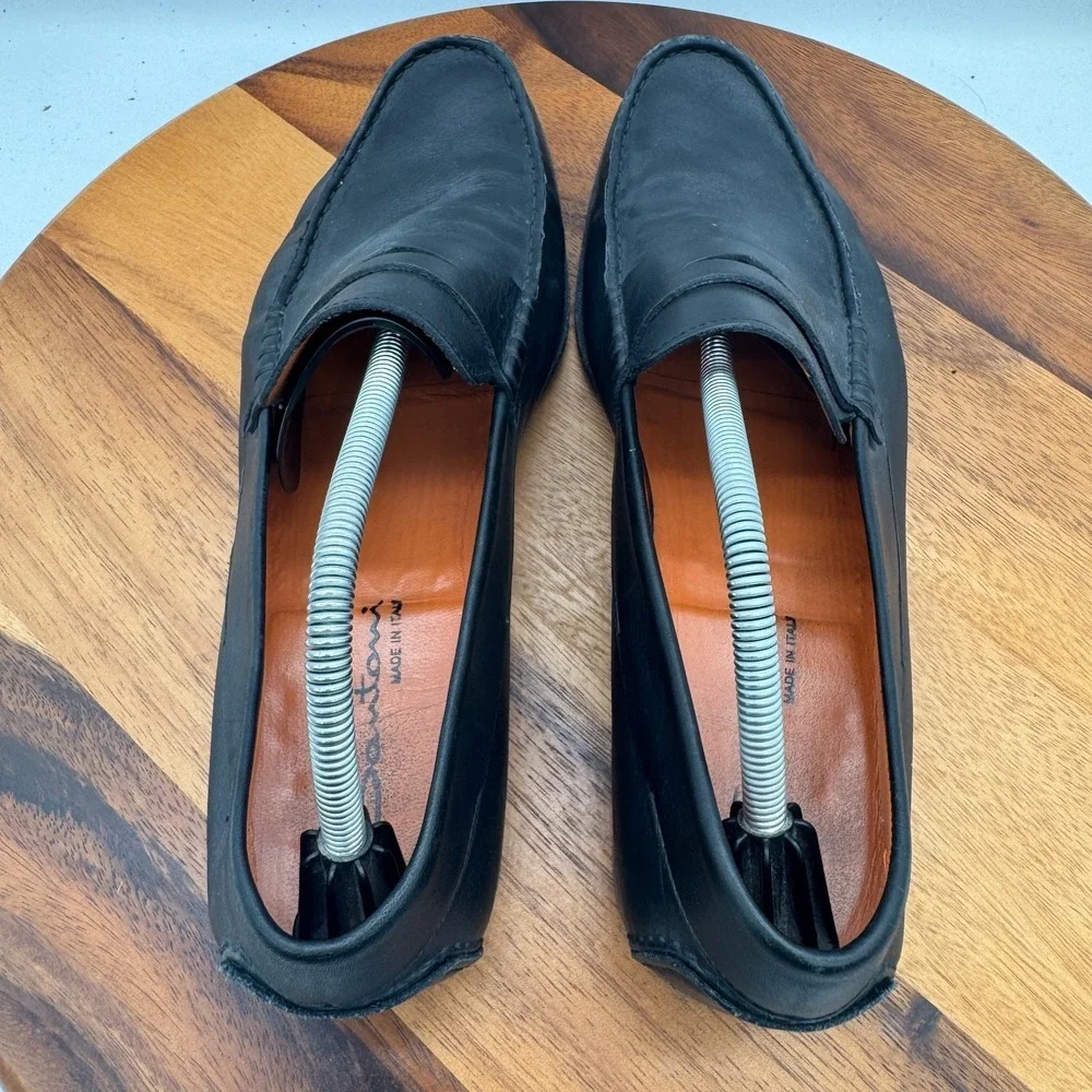 Santoni Turner Black Leather Penny Loafers Mens 12 Made In Italy Casual Dress